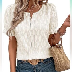 Evaless Top Blouse Short Puff Sleeve Off White V Neck XL
